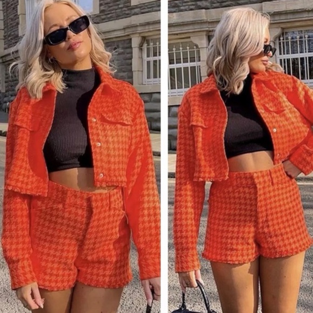 Zara Orange Houndstooth Crop Jacket and Short Set